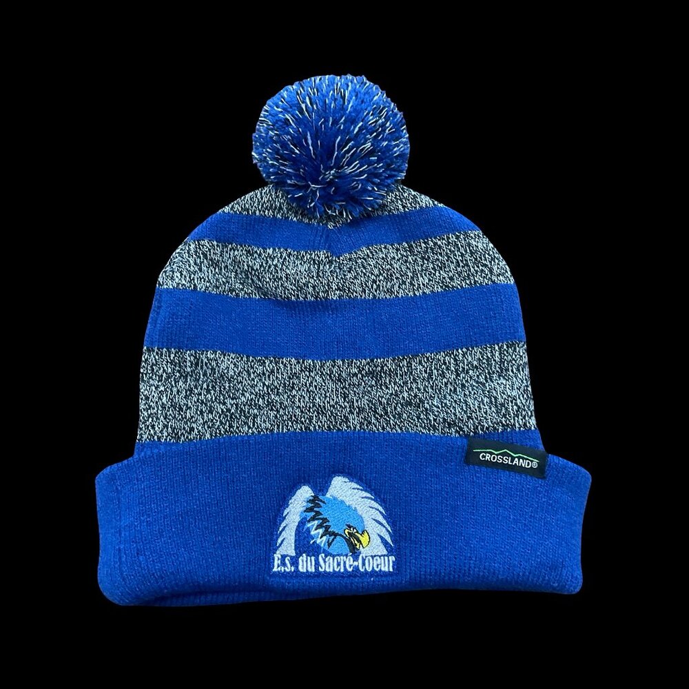 Blue/Grey Striped Tuque w/ School Logo